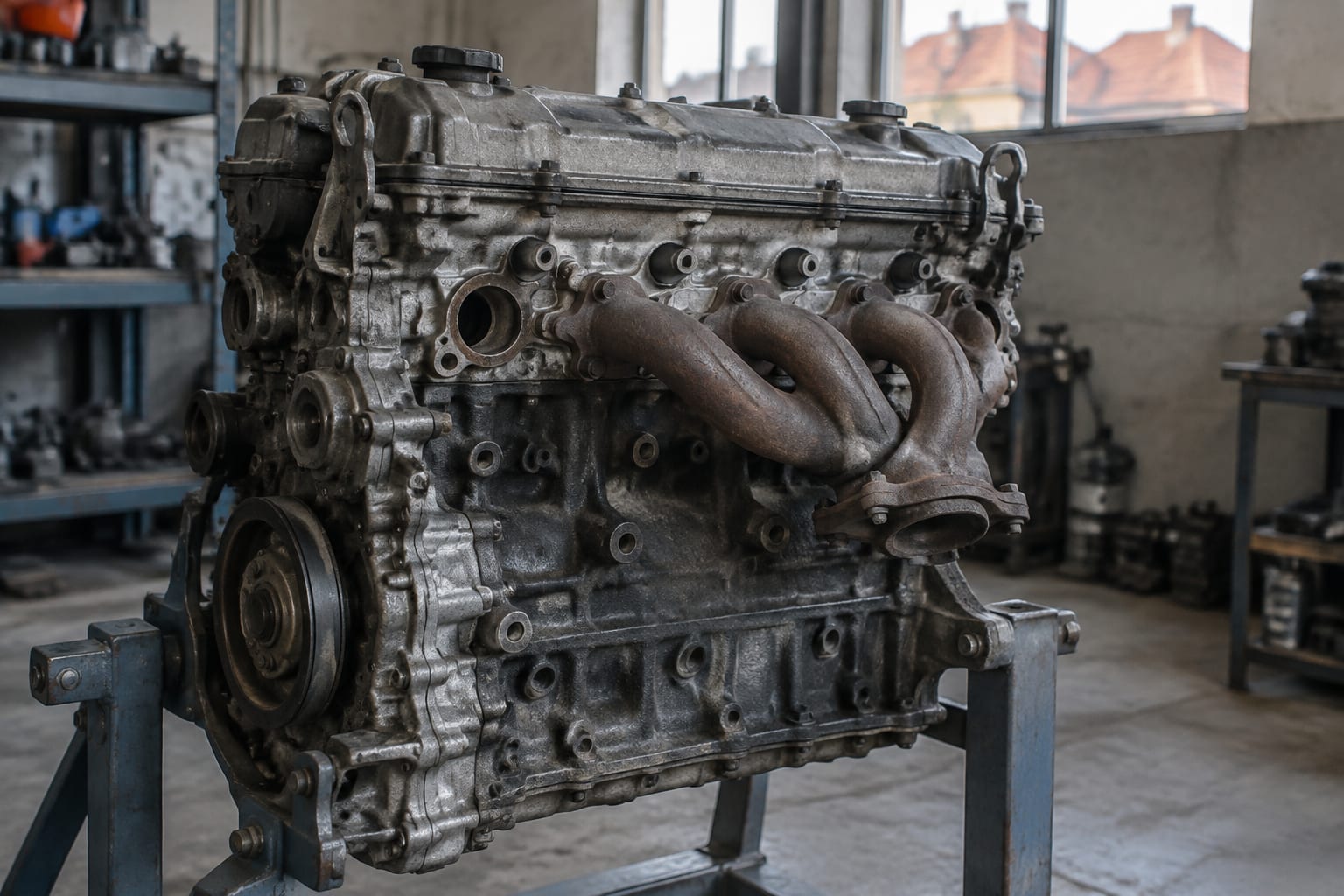 Un motor cu combustie internă expus într-un atelier mecanic auto